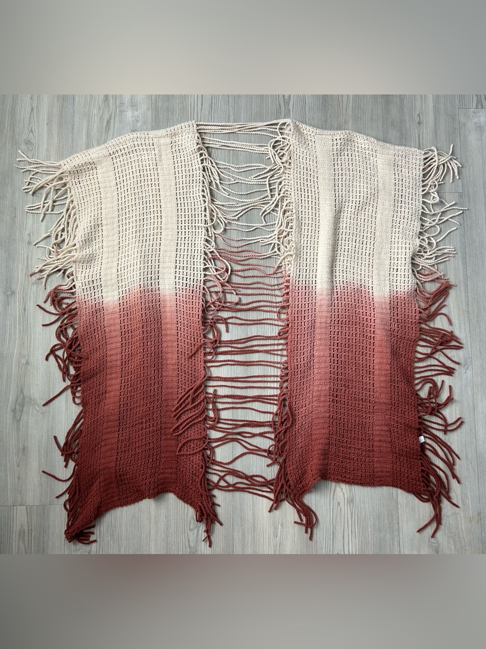 Women’s Open-Front Crochet Fringe Cardigan Sweater - Cream to Dusty Rose Ombré